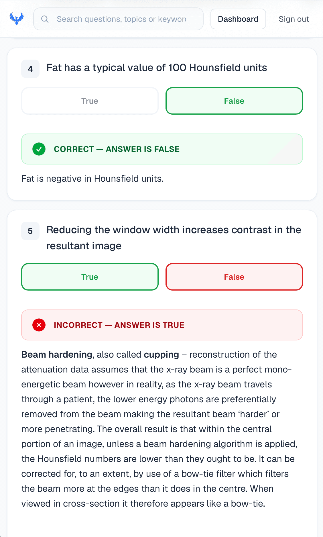 FRCR Physics question bank with 1,800 individual true/false questions across 360 stems