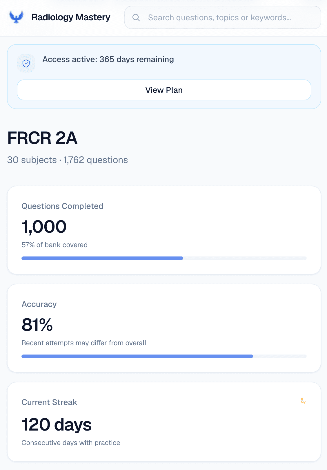 Dashboard — Your platform hub with progress, readiness and quick links for every exam.